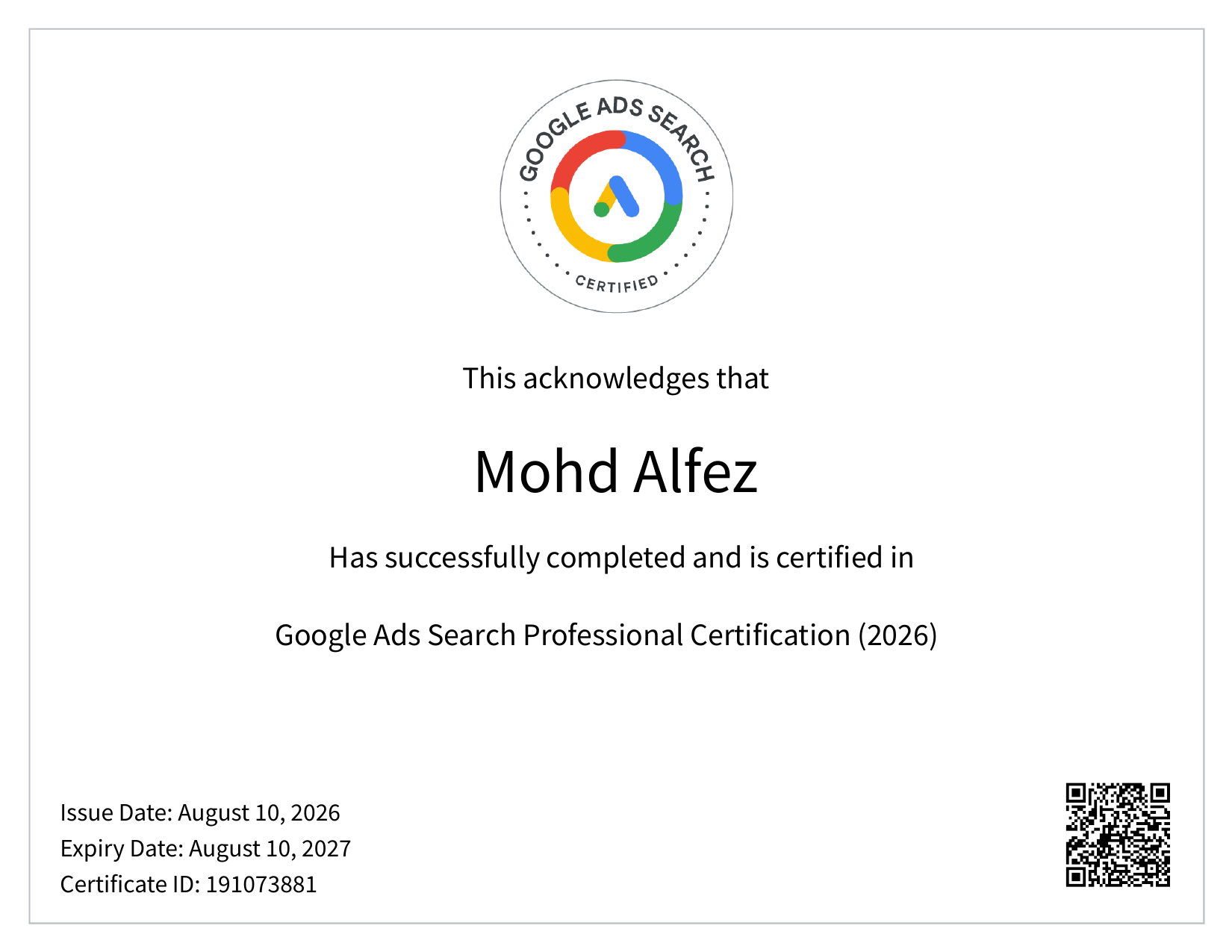 Google Ads Search Professional Certification 2026 — Mohd Alfez, certificate ID 191073881