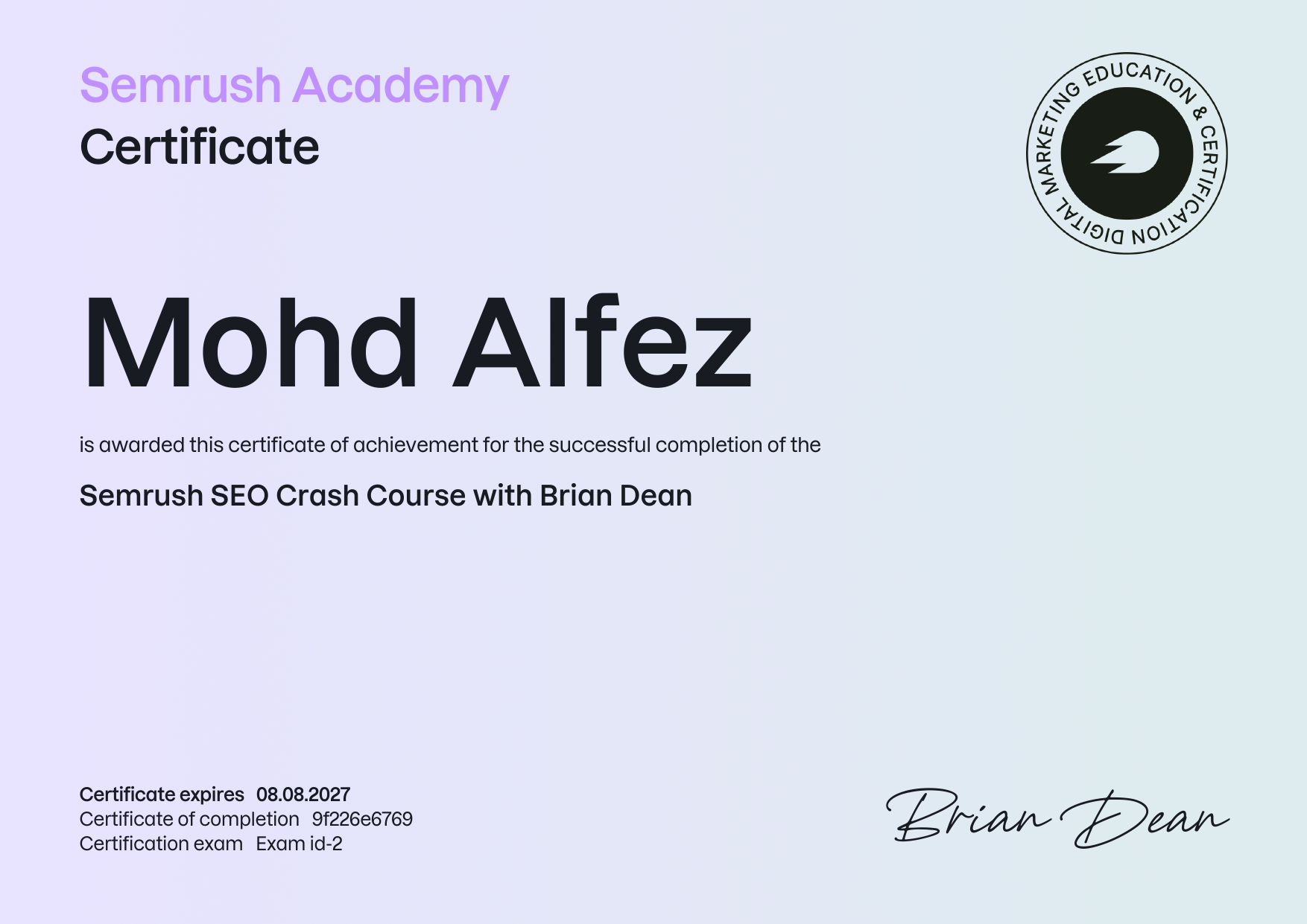 Semrush Academy Certificate — Mohd Alfez, Semrush SEO Crash Course with Brian Dean