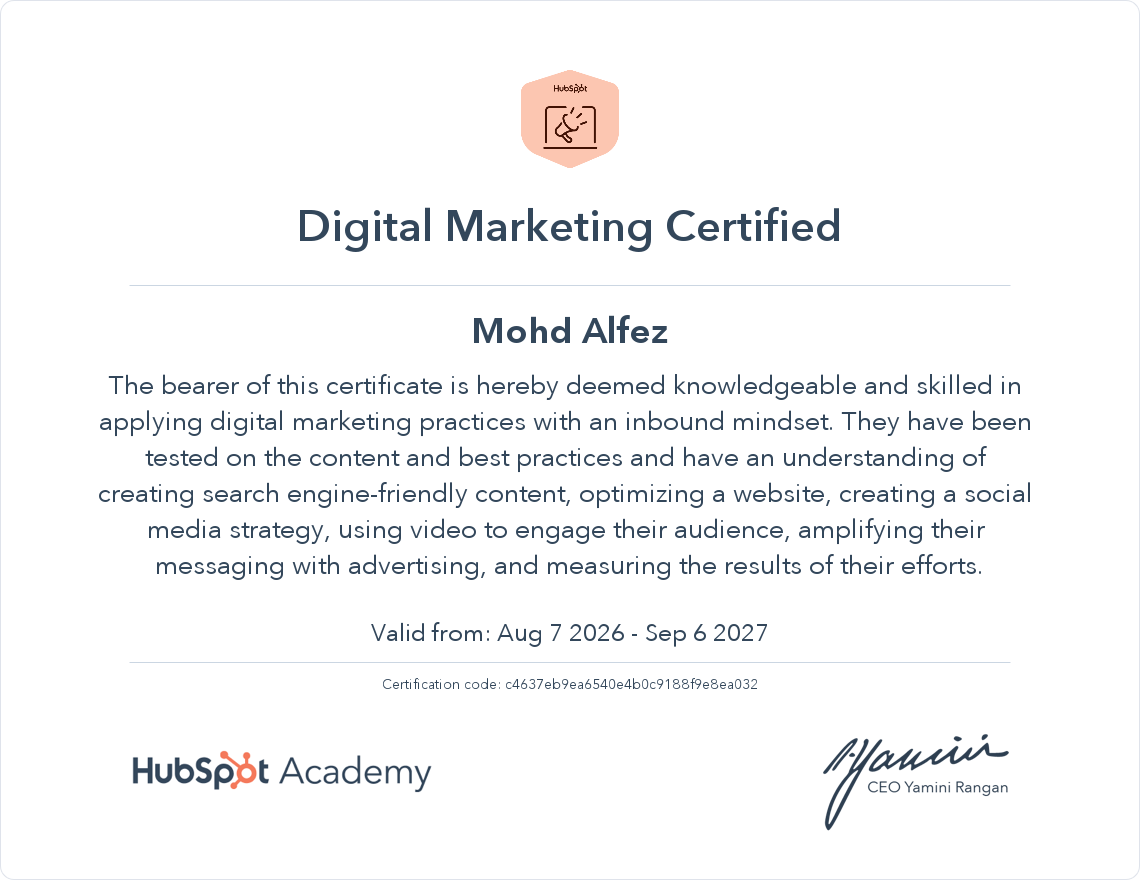 HubSpot Academy Digital Marketing Certified — Mohd Alfez, valid Aug 2026 to Sep 2027